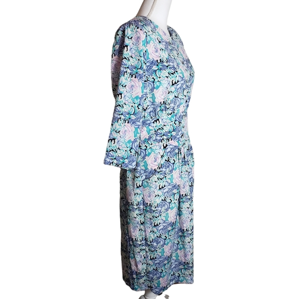 Vintage Alexis Petite Blue Floral Print Midi Dress Womens Size 11-12 Work Church - Picture 3 of 16